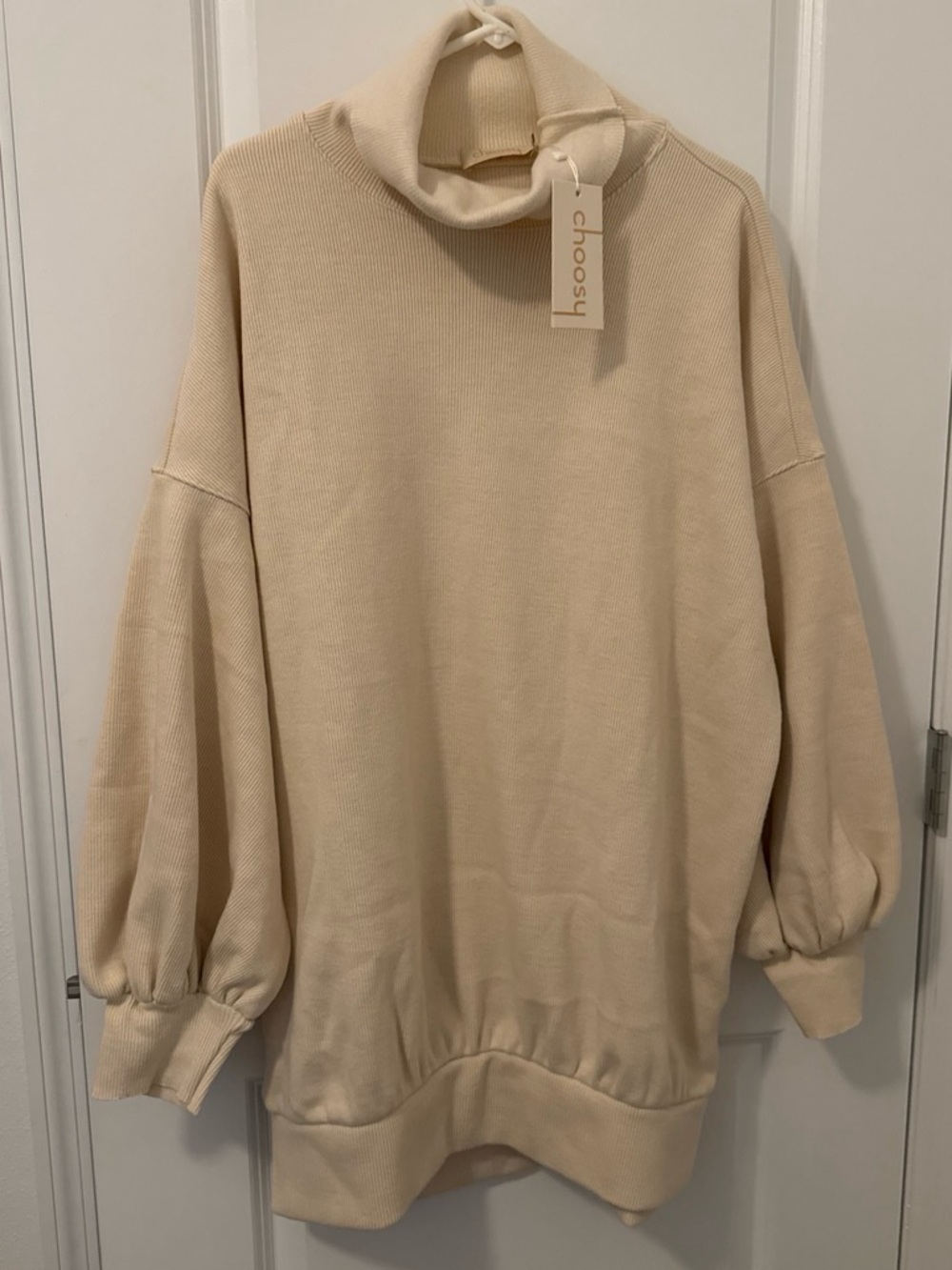 Choosy Cream Oversized Turtleneck Sweater with Balloon Sleeves